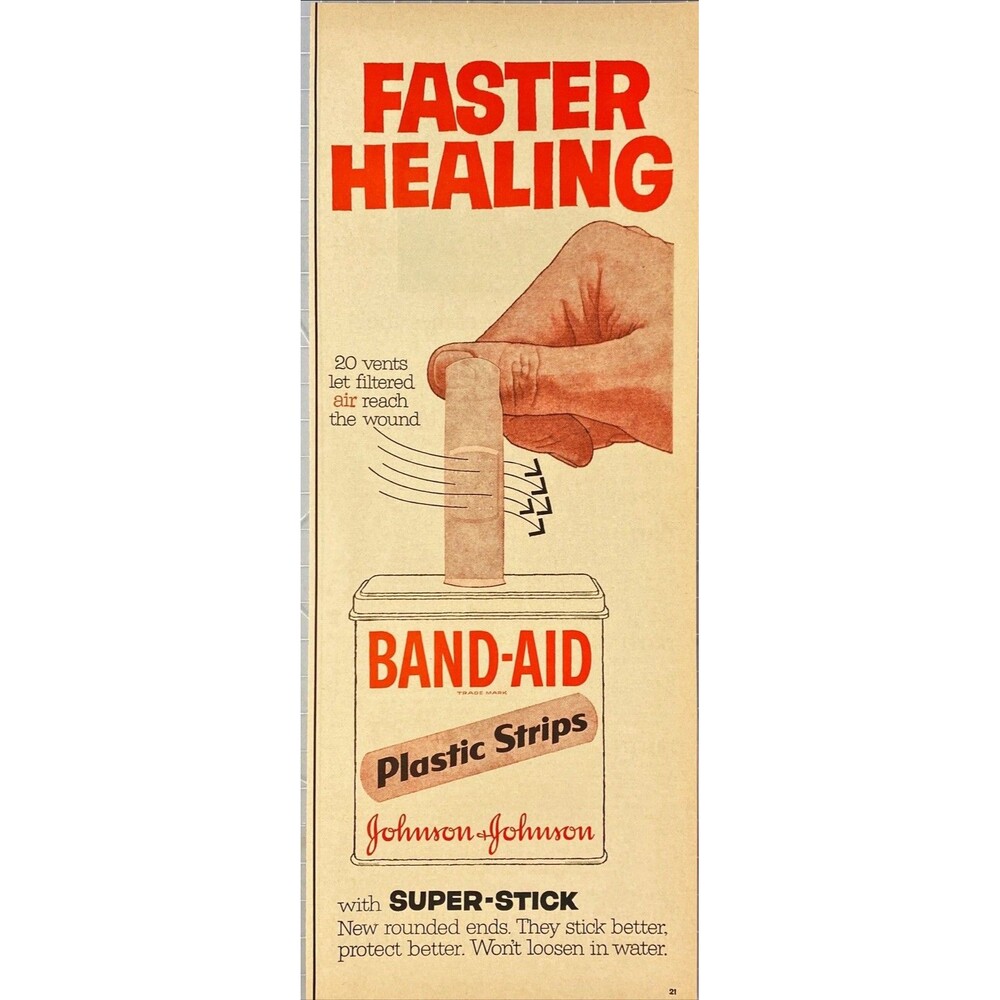 Johnson & Johnson Band-Aid Plastic Stripes "Faster Healing" Vtg Print Ad 1957